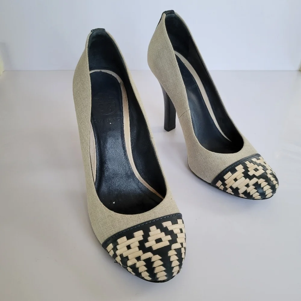 Tory Burch Woven Leather and Canvas Round Toe Pump
